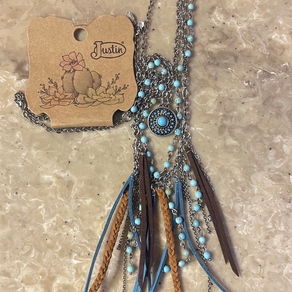 Justin Turquoise Tone Beaded Layered Necklace Feather Leather Tassels Western - Picture 8 of 8